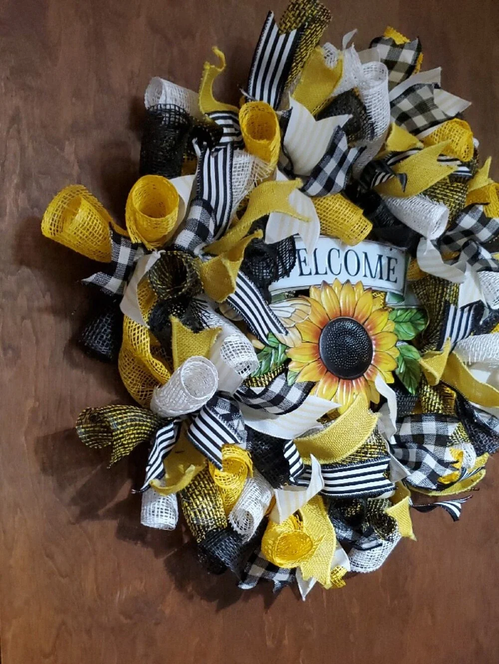 Sunflower Welcome Wreath with Yellow, Black & White Ribbons